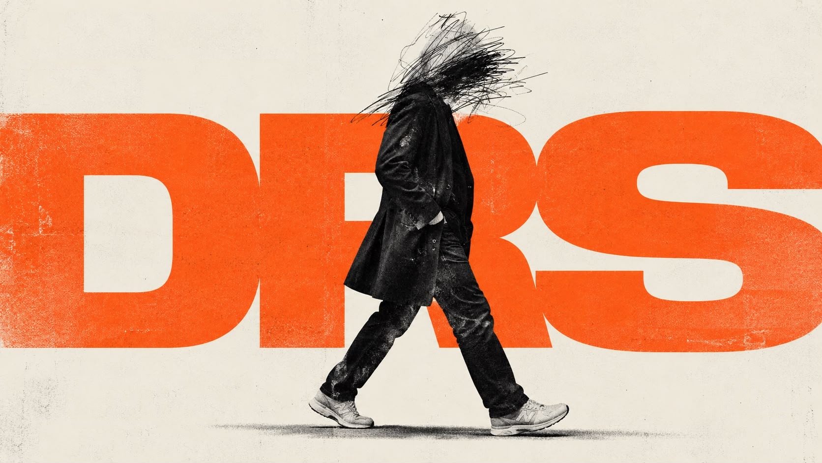 A man in a dark coat walks in front of the orange letters DRS, his head dissolved in a scribble.